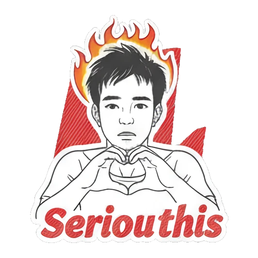 Young man making a heart shape with hands and text Seriouthis. Daily Moods of a Young Man sticker for expressive chats and social replies.