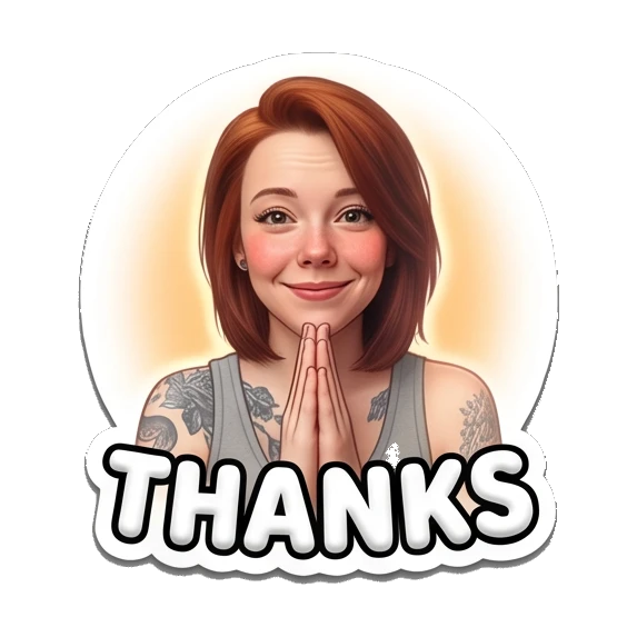 Grateful girl with hands together and 'THANKS' text Red-Haired Girl Daily Vibes sticker for expressive chats and social replies.