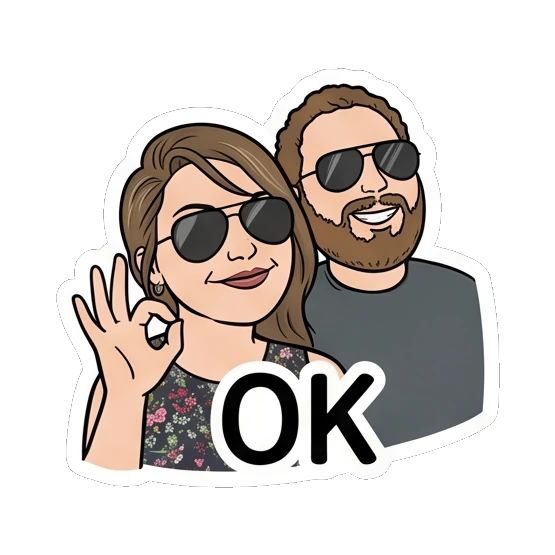 Woman and man making an OK gesture with text OK Couple Vibes Daily sticker for expressive chats and social replies.