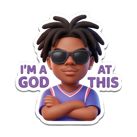 Gamer boy wearing sunglasses, text 'I'M A GOD AT THIS' Gamer Life Adventures sticker for expressive chats and social replies.
