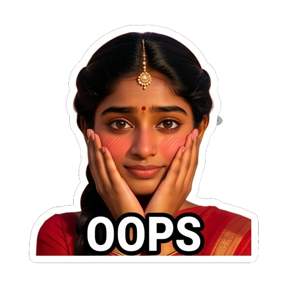 Blushing Indian girl saying Oops with hands on cheeks Indian Girl Expressions sticker for expressive chats and social replies.