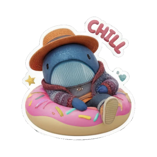 Blue whale relaxing on a donut float, chill expression, text 'CHILL!' Ocean Buddy Adventures sticker for expressive chats and social replies.