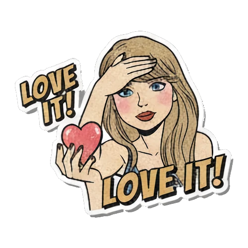 Blonde woman holding a heart to her forehead with LOVE IT! text Retro Pop Diva Vibes sticker for expressive chats and social replies.
