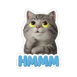 Gray tabby cat thinking with paw on chin and HMMM text Cheerful Gray Tabby Cat sticker for expressive chats and social replies.