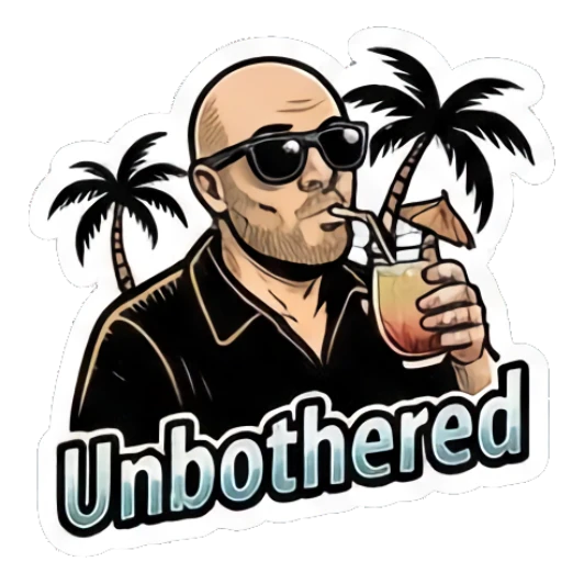 Bald man wearing sunglasses drinking a cocktail, text says Unbothered. Bald Guy Daily Vibes sticker for expressive chats and social replies.