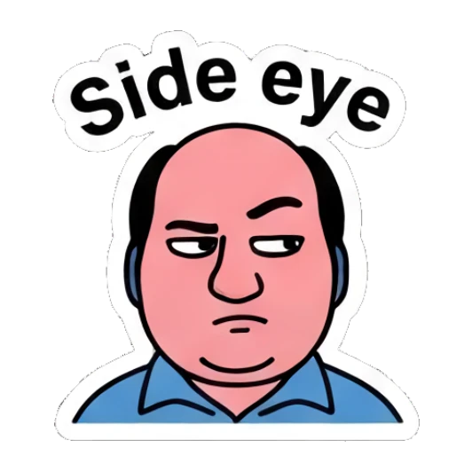 Man giving a suspicious side-eye with text Side eye Office Guy Daily Vibes sticker for expressive chats and social replies.