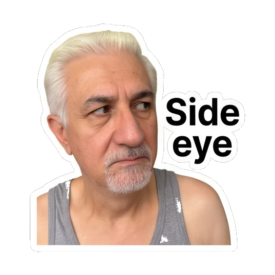 Man giving a suspicious side-eye look with 'Side eye' text. Silver Fox Daily Vibes sticker for expressive chats and social replies.