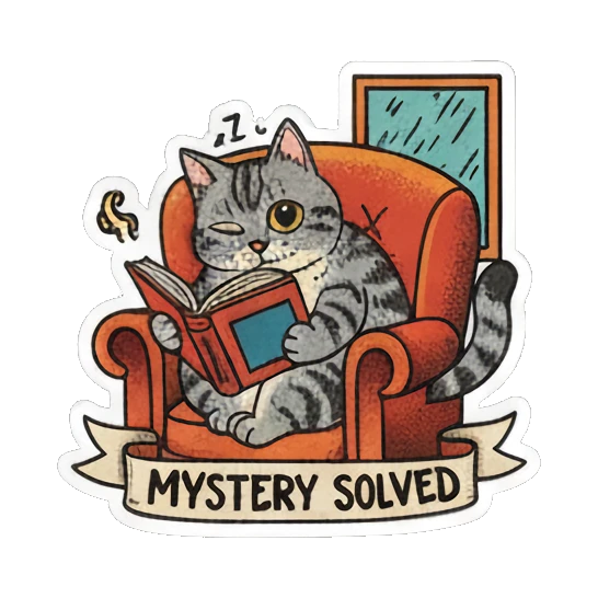 cat solving a mystery with magnifying glass Literary Tabby Adventures sticker for expressive chats and social replies.
