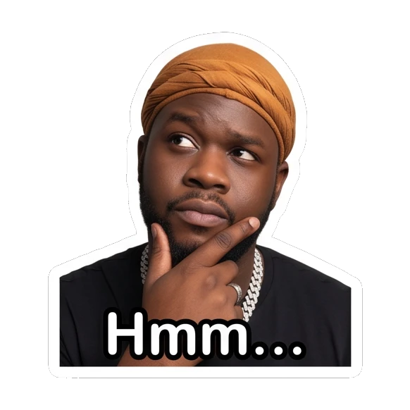 Man in durag touching chin in deep thought, pensive, text Hmm... Daily Vibes with Durag Guy sticker for expressive chats and social replies.