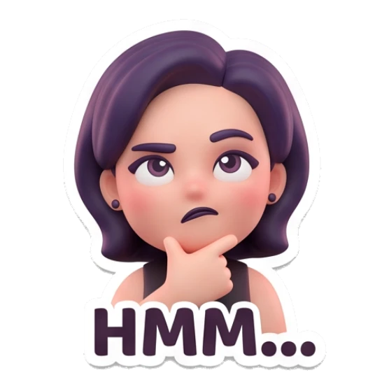 Thoughtful girl resting chin on hand with text HMM... Modern Chic Girl Expressions sticker for expressive chats and social replies.