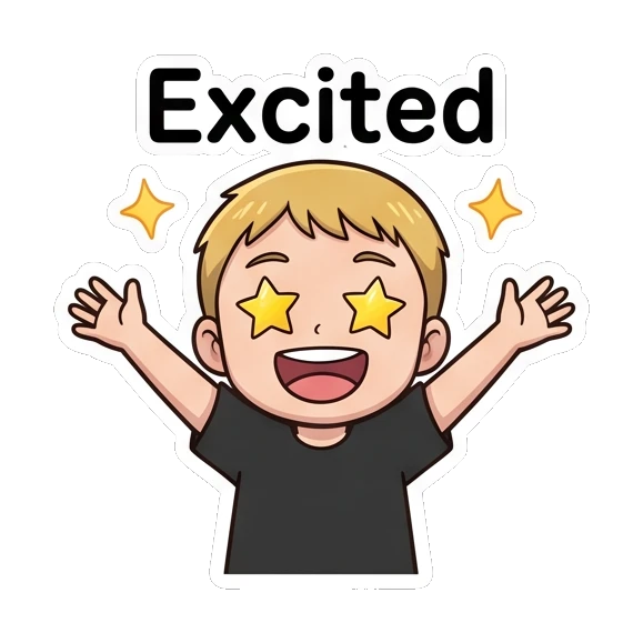 Blonde boy feeling excited with star-shaped eyes and raised arms Blonde Boy Daily Expressions sticker for expressive chats and social replies.