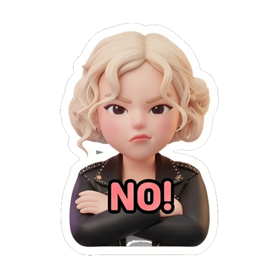 金发女孩双手抱胸，表情严肃，文字NO! Blonde Rocker Girl Daily sticker for expressive chats and social replies.