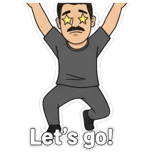 Mustache man excited with star eyes and Let's go text Mustache Man Daily Vibes sticker for expressive chats and social replies.