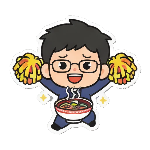 Boy with glasses cheering with pom-poms and ramen Cheerful Glasses Boy Daily sticker for expressive chats and social replies.