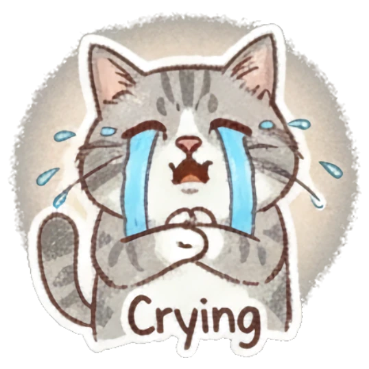 Cat crying with hands together, text Crying Fluffy Doodle Cat Expressions sticker for expressive chats and social replies.
