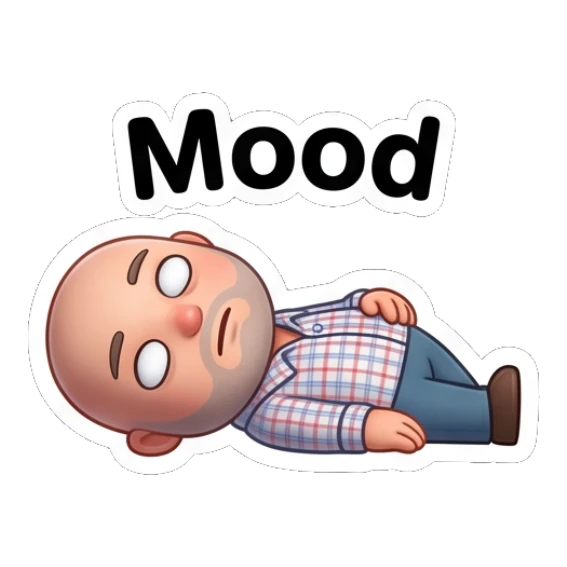 Bald man lying down looking exhausted with Mood text. Bald Guy Daily Vibes sticker for expressive chats and social replies.