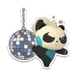 Panda spinning a disco ball with energetic pose. Cosmic Panda Adventures sticker for expressive chats and social replies.
