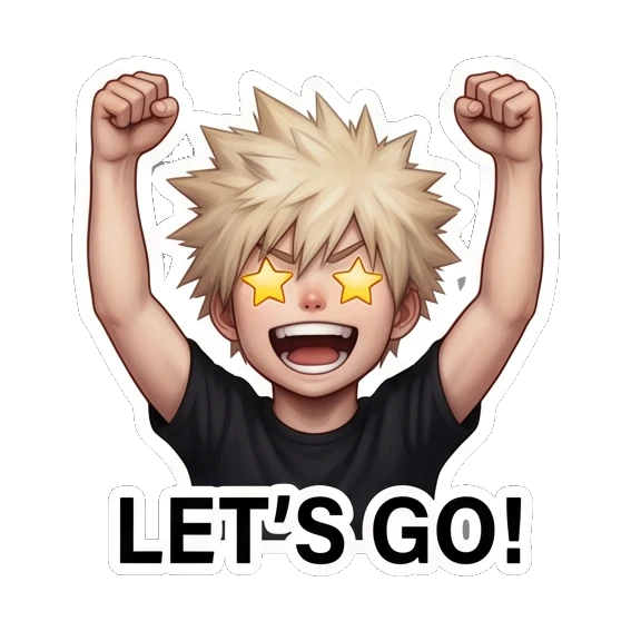 Spiky hair boy cheering with arms raised and star-shaped eyes. Spiky Hair Anime Boy Expressions sticker for expressive chats and social replies.