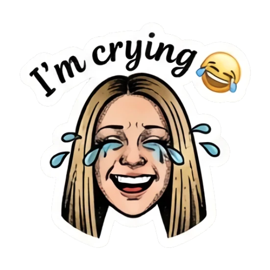 Blonde girl laughing with tears and text 'I'm crying' Vintage Blonde Expressionist sticker for expressive chats and social replies.