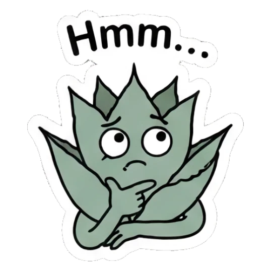 Pensive aloe plant thinking with a hand on its chin. Cheerful Aloe Adventures sticker for expressive chats and social replies.