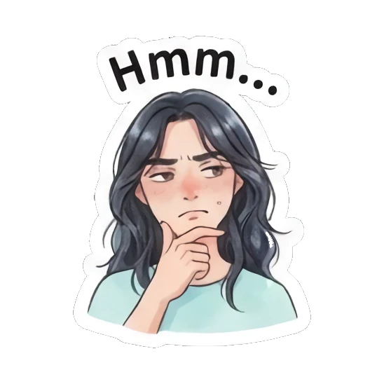 Girl thinking with hand on chin, text 'Hmm' Modern Spanish Girl Expressions sticker for expressive chats and social replies.