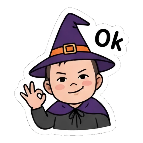 Baby wizard wearing a purple hat doing an OK gesture, text 'Ok' Little Spooky Moods sticker for expressive chats and social replies.