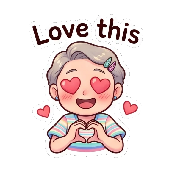 Grandma making a heart shape with her hands and heart eyes. Cheerful Grandma Adventures sticker for expressive chats and social replies.