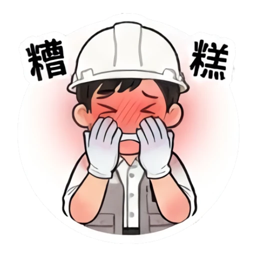 Worker blushing in embarrassment with 'Oops' text Hard Hat Hero sticker for expressive chats and social replies.