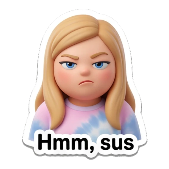 Blonde girl looking suspicious with narrowed eyes, text Hmm sus Blonde Girl Daily Vibes sticker for expressive chats and social replies.