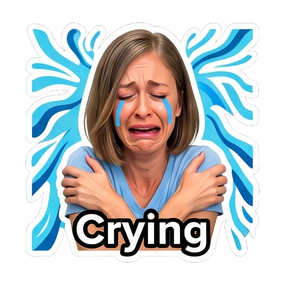 Woman crying with blue tears, text 'Crying' Daily Life Expressions sticker for expressive chats and social replies.