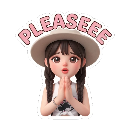 Girl in hat with hands together in pleading pose and text PLEASE Chic Hat Girl Expressions sticker for expressive chats and social replies.