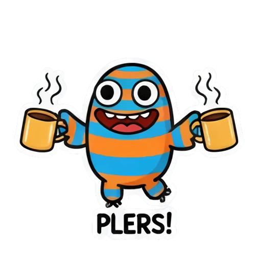 Monster cheering with two mugs, text PLERS! Striped Monster Winter Fun sticker for expressive chats and social replies.