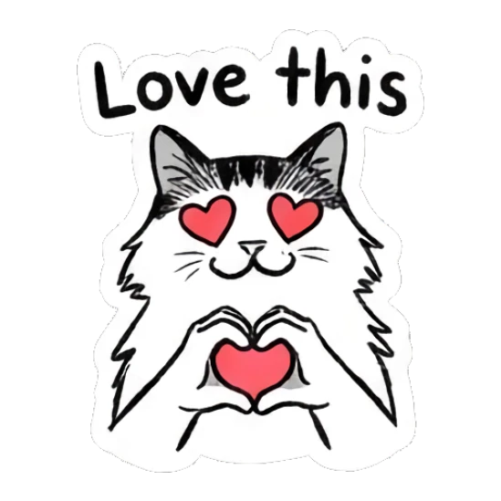 Cat making a heart shape with paws and heart eyes, text Love this Quirky Doodle Cat Moods sticker for expressive chats and social replies.