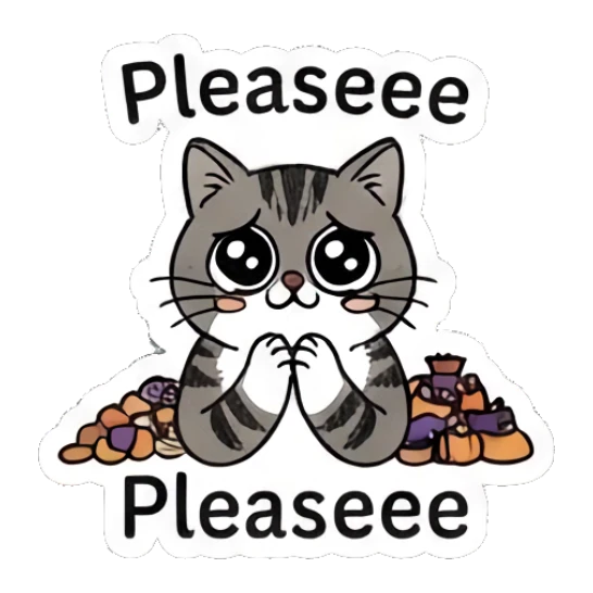 Pleading tabby cat with big eyes, text Pleaseee Spooky Tabby Cat Adventures sticker for expressive chats and social replies.