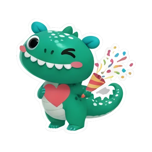 Green dinosaur holding a party popper with confetti Little Green Dino Adventures sticker for expressive chats and social replies.