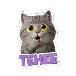 Gray tabby cat giggling with paw to mouth and TEHEE text Cheerful Gray Tabby Cat sticker for expressive chats and social replies.