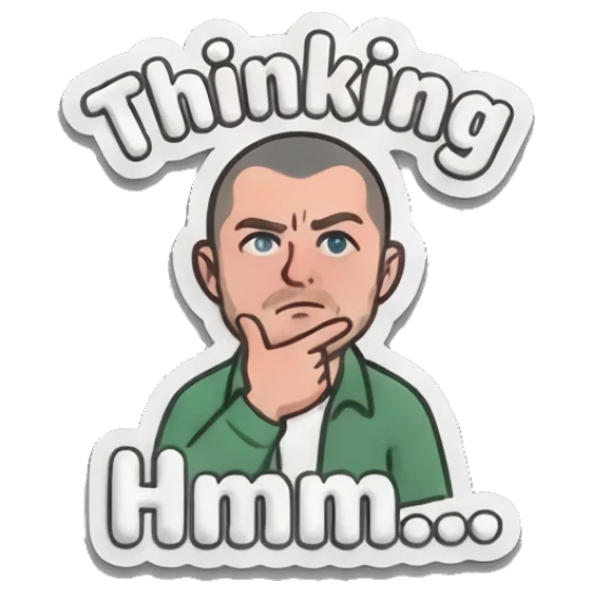 Man in deep thought with hand on chin saying 'Hmm...' Everyday Guy Expressions sticker for expressive chats and social replies.