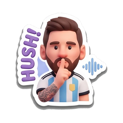 Messi character making a shushing gesture, text 'HUSH' Messimotes: Pure Emotion sticker for expressive chats and social replies.