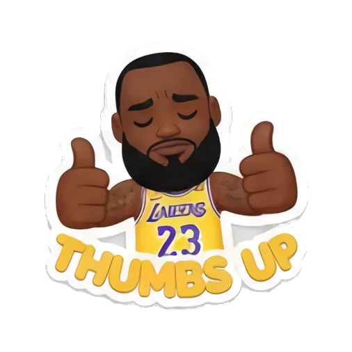 詹姆斯双手竖起大拇指点赞，表情肯定，下方有THUMBS UP文字 King James Court Vibes sticker for expressive chats and social replies.