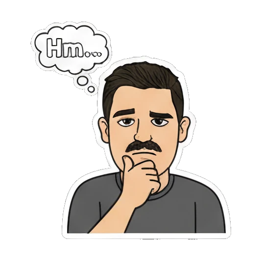 Mustache man thinking with Hm text Mustache Man Daily Vibes sticker for expressive chats and social replies.