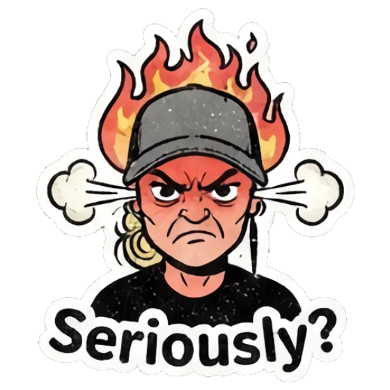 Blonde woman with fire on head looking angry with text Seriously? Retro Blonde Daily Vibes sticker for expressive chats and social replies.