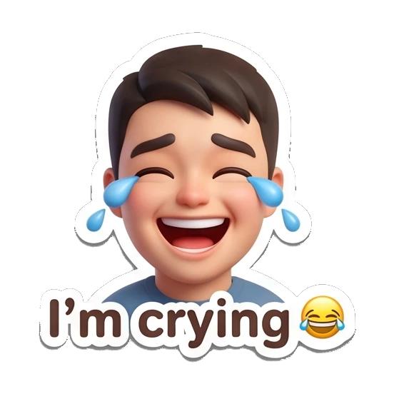 Boy laughing with tears of joy and text I'm crying. Cheerful 3D Boy Expressions sticker for expressive chats and social replies.
