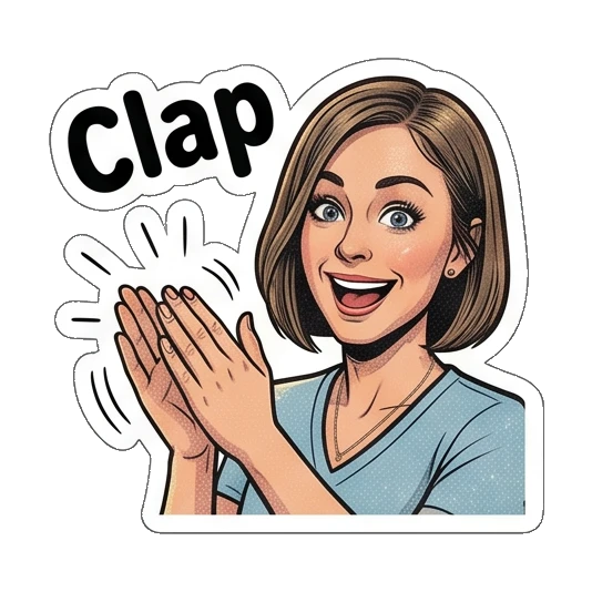 Woman clapping hands enthusiastically, text Clap Retro Comic Office Lady sticker for expressive chats and social replies.