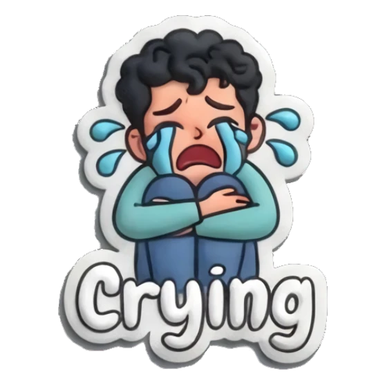Man sitting and crying with 'Crying' text. Curly Beard Guy Daily Vibes sticker for expressive chats and social replies.