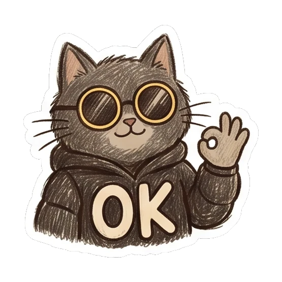 Cat wearing glasses makes an OK gesture with text OK. Furry Doodle Cat Daily sticker for expressive chats and social replies.