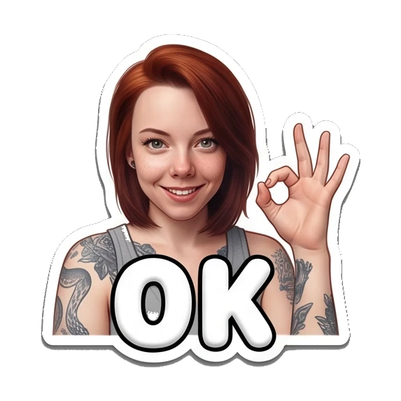 Red-haired girl making an OK gesture with 'OK' text Red-Haired Girl Daily Vibes sticker for expressive chats and social replies.