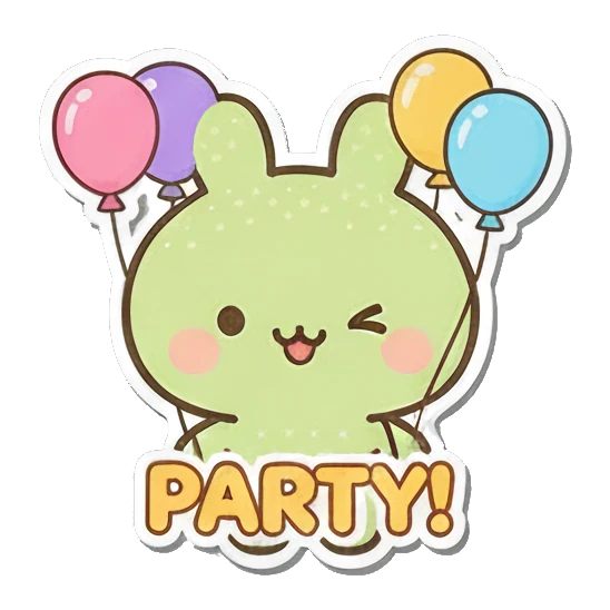 Party bunny holding colorful balloons Minty Bunny Moods sticker for expressive chats and social replies.
