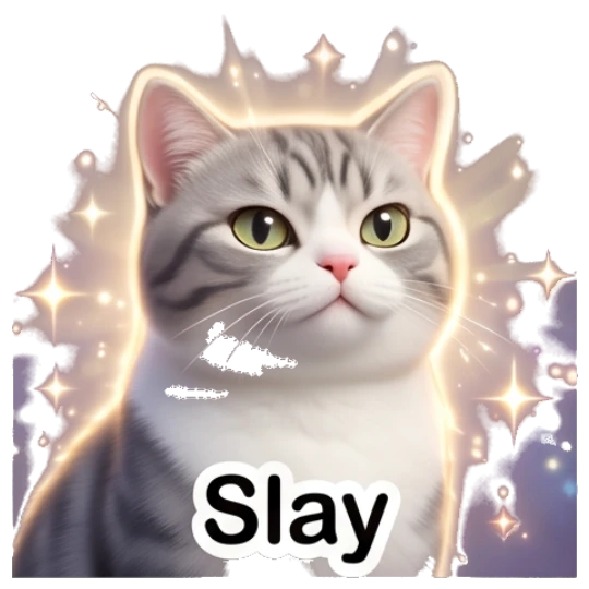 Grey cat glowing with Slay text Cute Grey Tabby Expressions sticker for expressive chats and social replies.