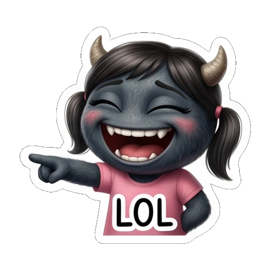 Young female monster laughing and pointing, labeled LOL Furry Monster Family Life sticker for expressive chats and social replies.