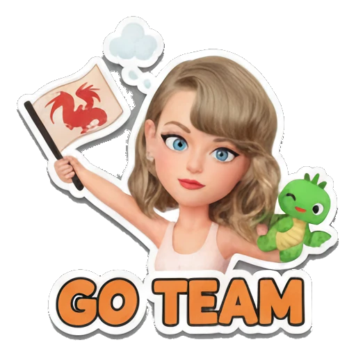 Blonde girl waving a flag with a green dragon, GO TEAM text. Taylor Style 3D Adventures sticker for expressive chats and social replies.